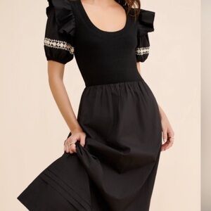 Cleobella Black Midi Dress with Puff Sleeves